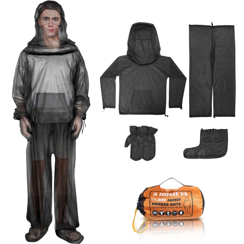 HOMEYA Bug Jacket S/M, Anti Mosquito Netting Suit with Zipper on Hood Ultra-fine Mesh Pants Mitt Socks with Free Carry Pouch for Protecting Hunting Fishing Men Women - Image 1